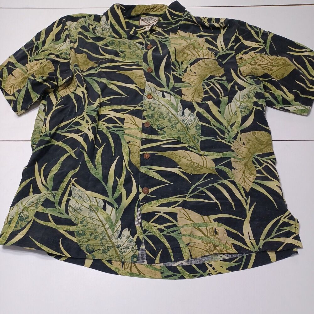 Three Palm Men Hawaiian Shirt Gray Leaf Stripe Short Sleeve 100% Silk Aloha Vaca
